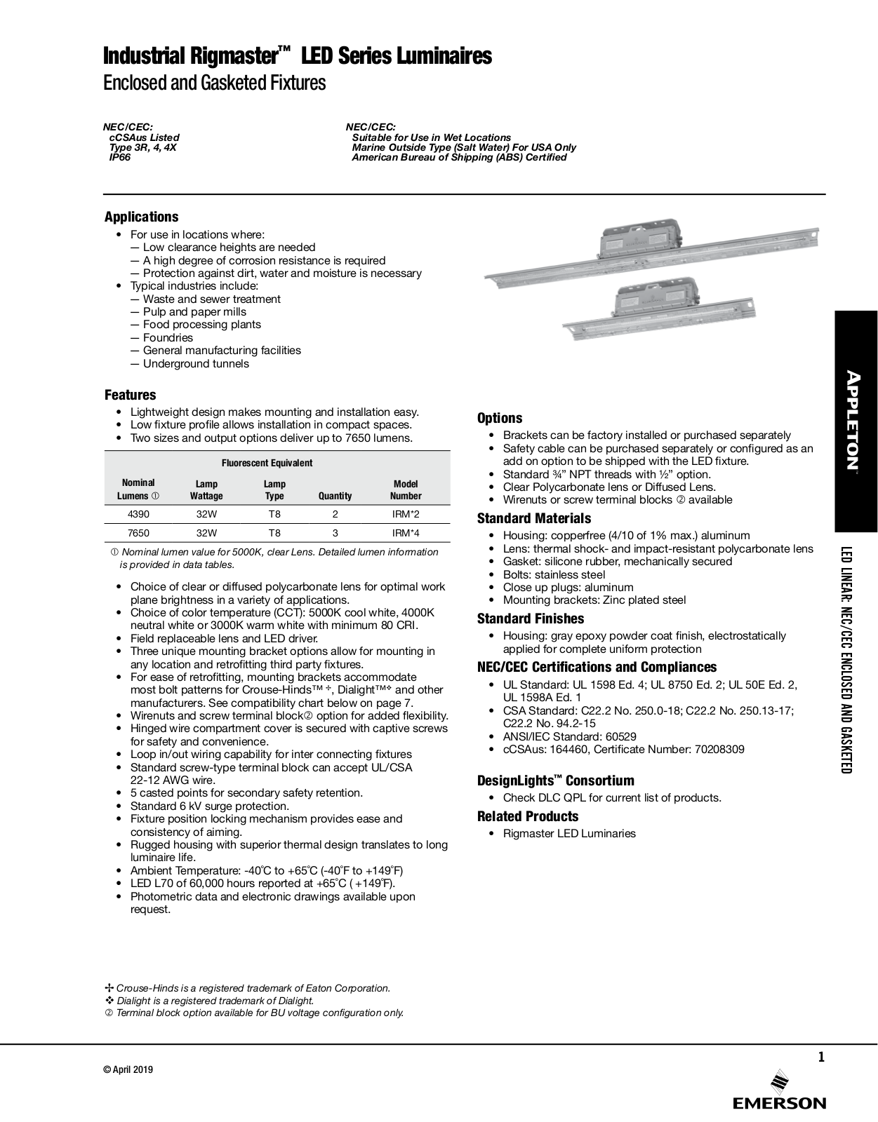 Appleton Industrial Rigmaster™ LED Series Luminaires Catalog Page