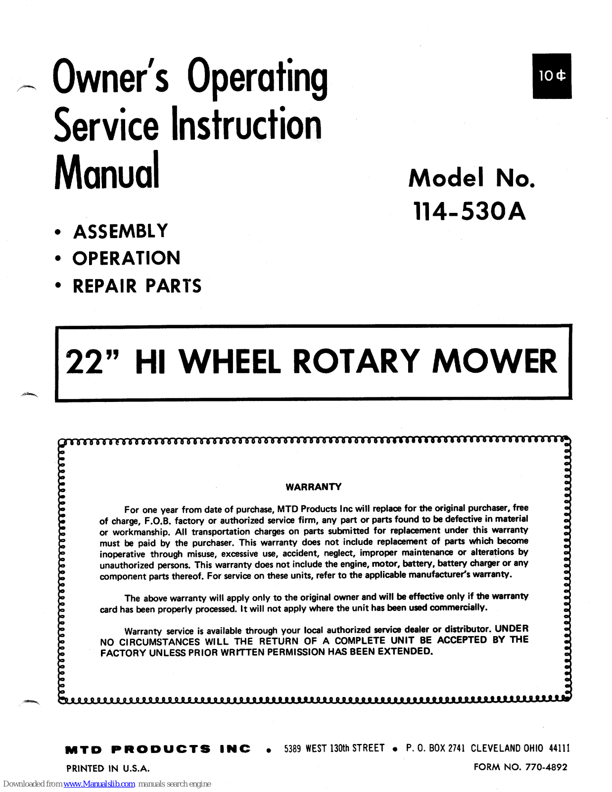 MTD 114-530 A Operating/service Instructions Manual