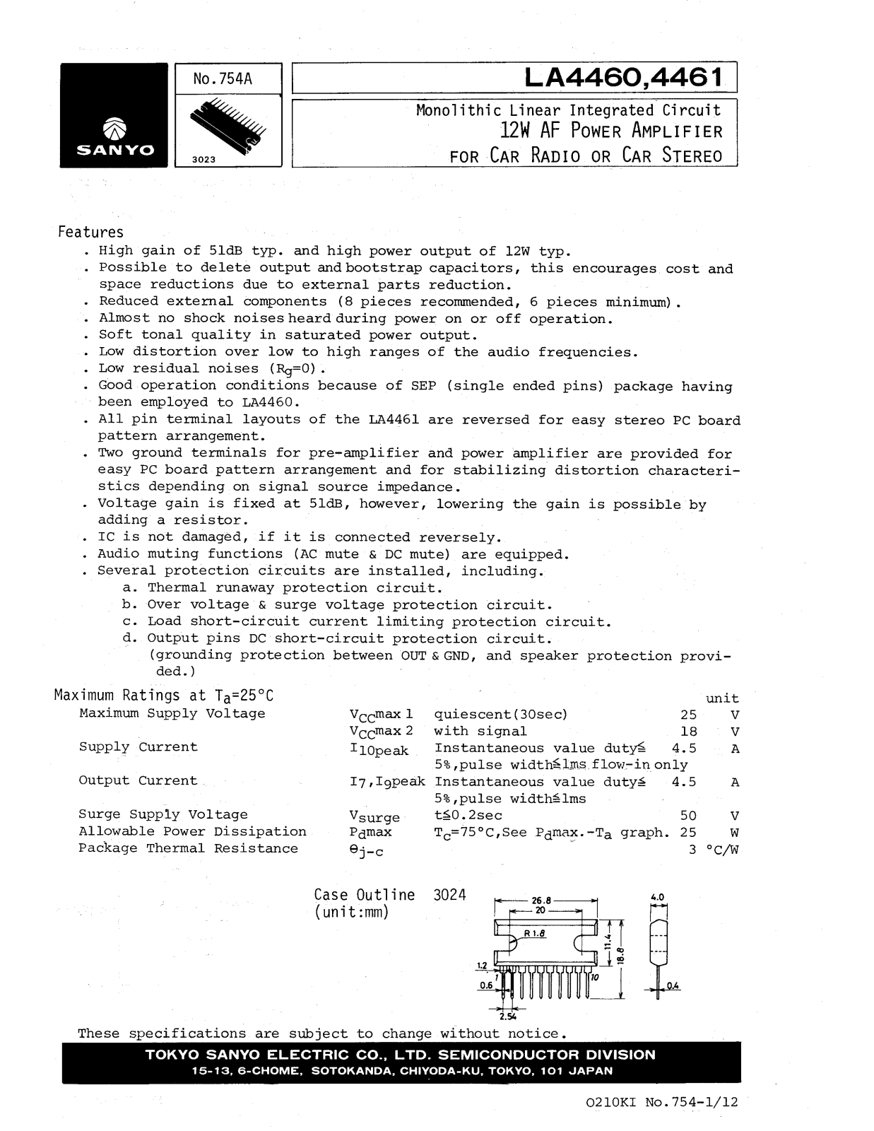 SANYO LA4461, LA4460 Datasheet