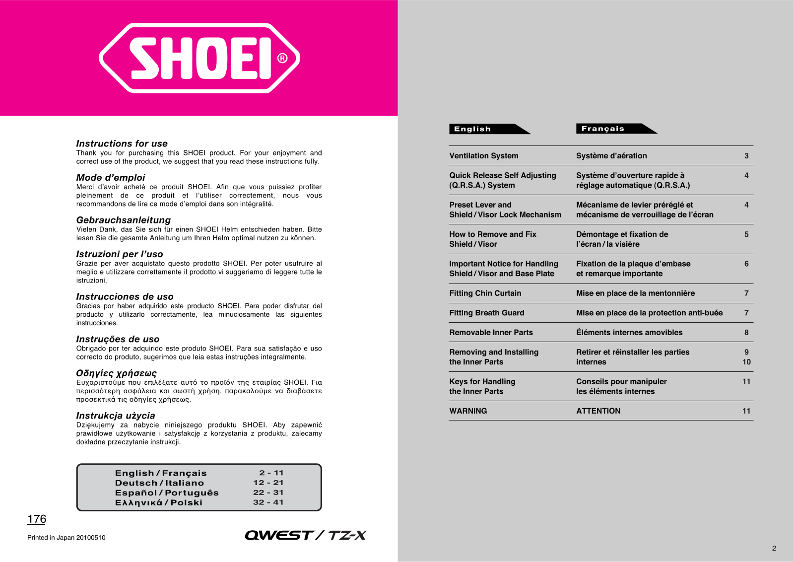 SHOEI TZ-X, QWEST User Manual