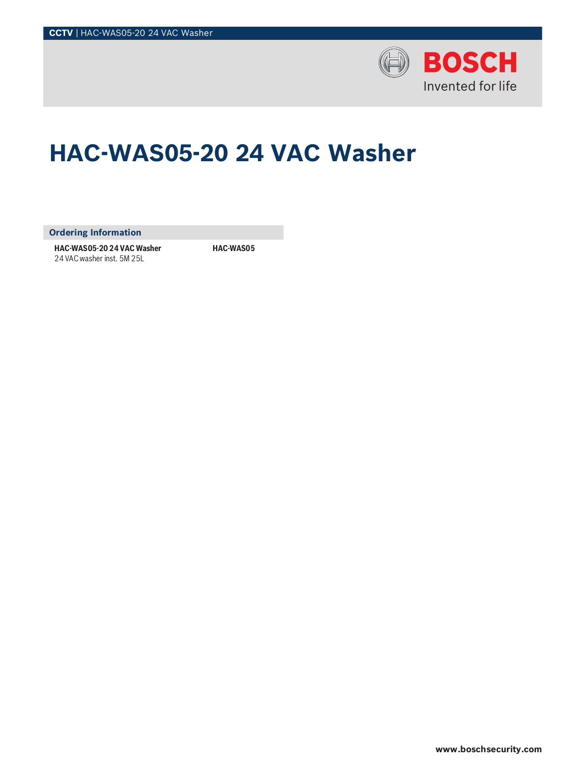 Bosch HAC-WAS05-20 Specsheet