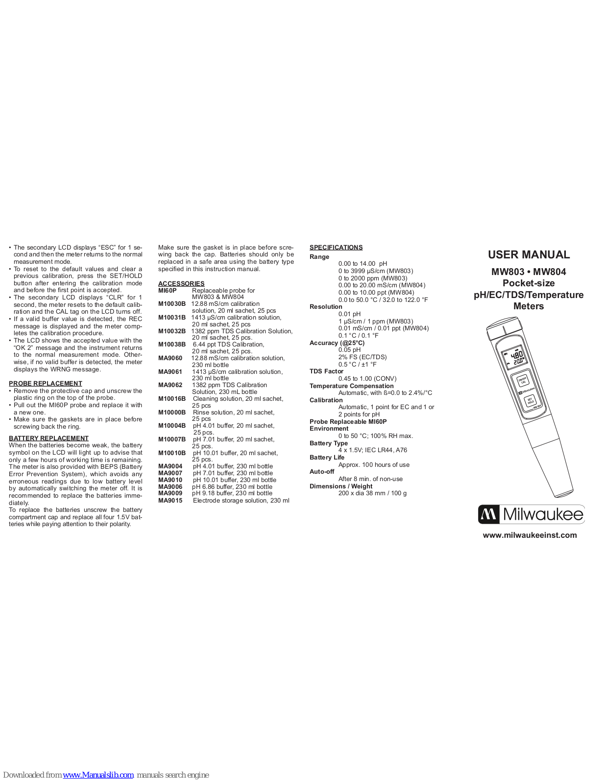 Milwaukee MW803, MW804 User Manual