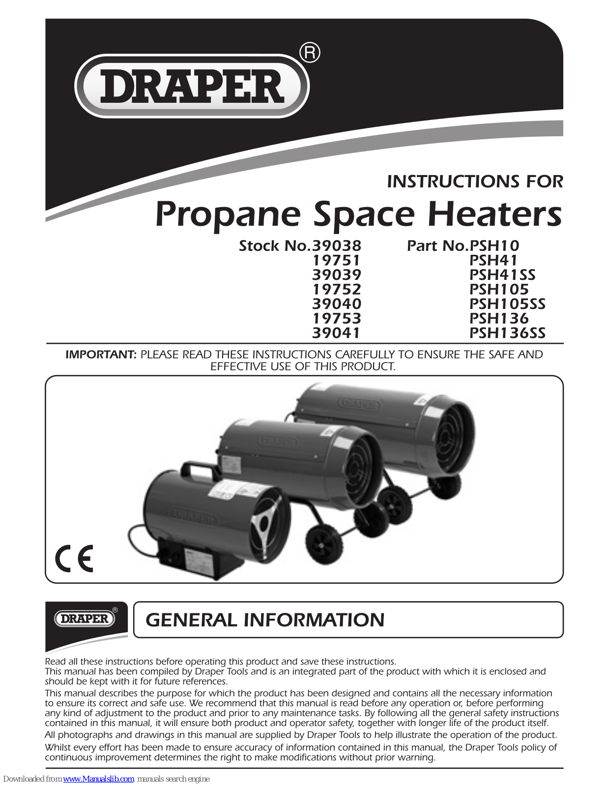 Draper PSH10, PSH41, PSH41SS, PSH105, PSH105SS Instructions Manual - ManualMachine.com