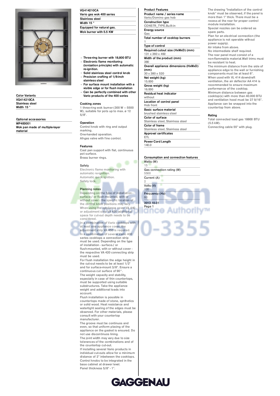 Gaggenau VG414210CA Specs