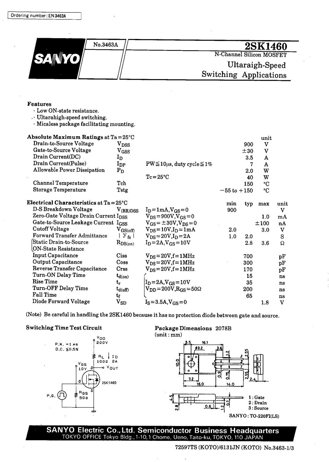 SANYO 2SK1460 Datasheet