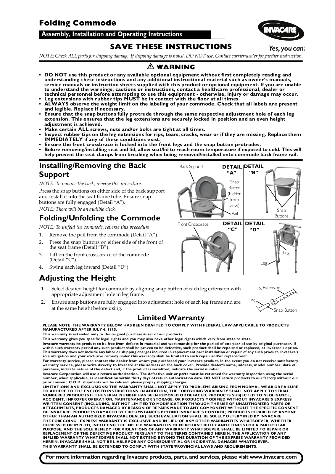 Invacare Folding Commode User Manual