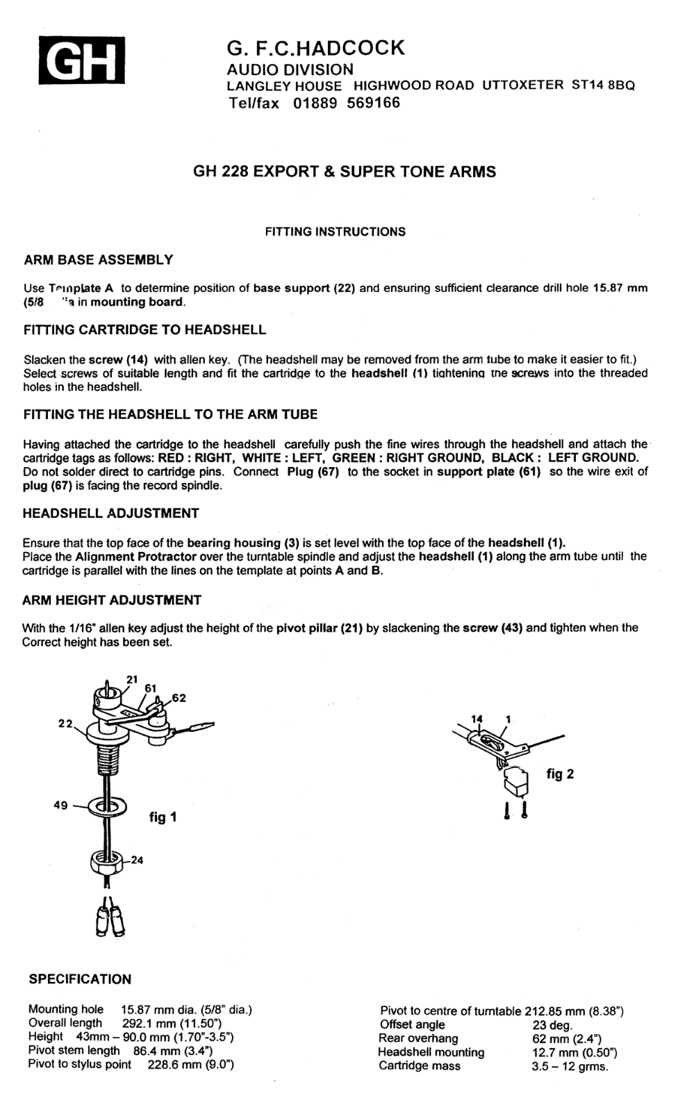 Hadcock GH-228-EXP Owners manual