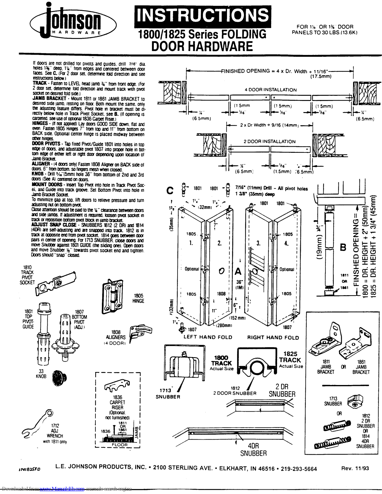 Johnson Hardware 1825 Series, 1800 Series Installation Instructions Manual