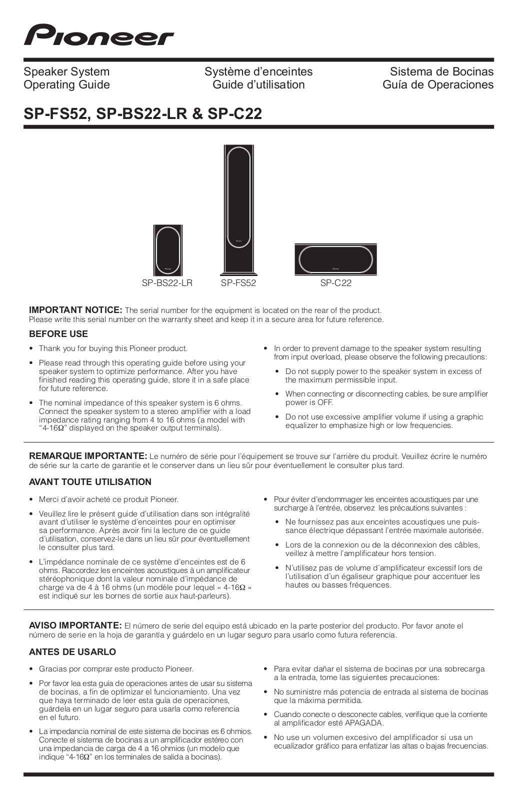 Pioneer SP-BS22-LR, SP-FS52, SP-C22 User Manual