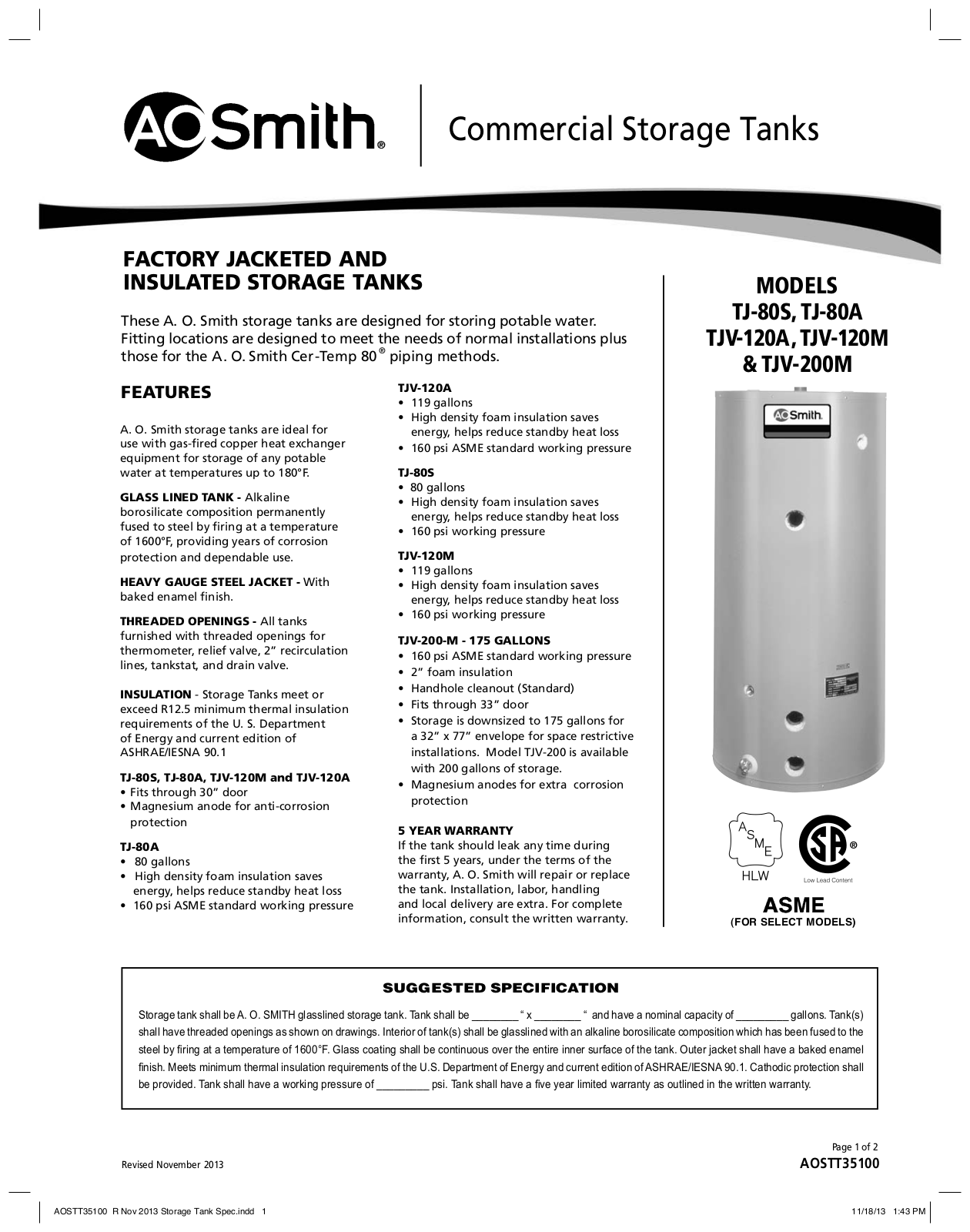 A.O. Smith Hot Water Storage Tanks Technical Documents