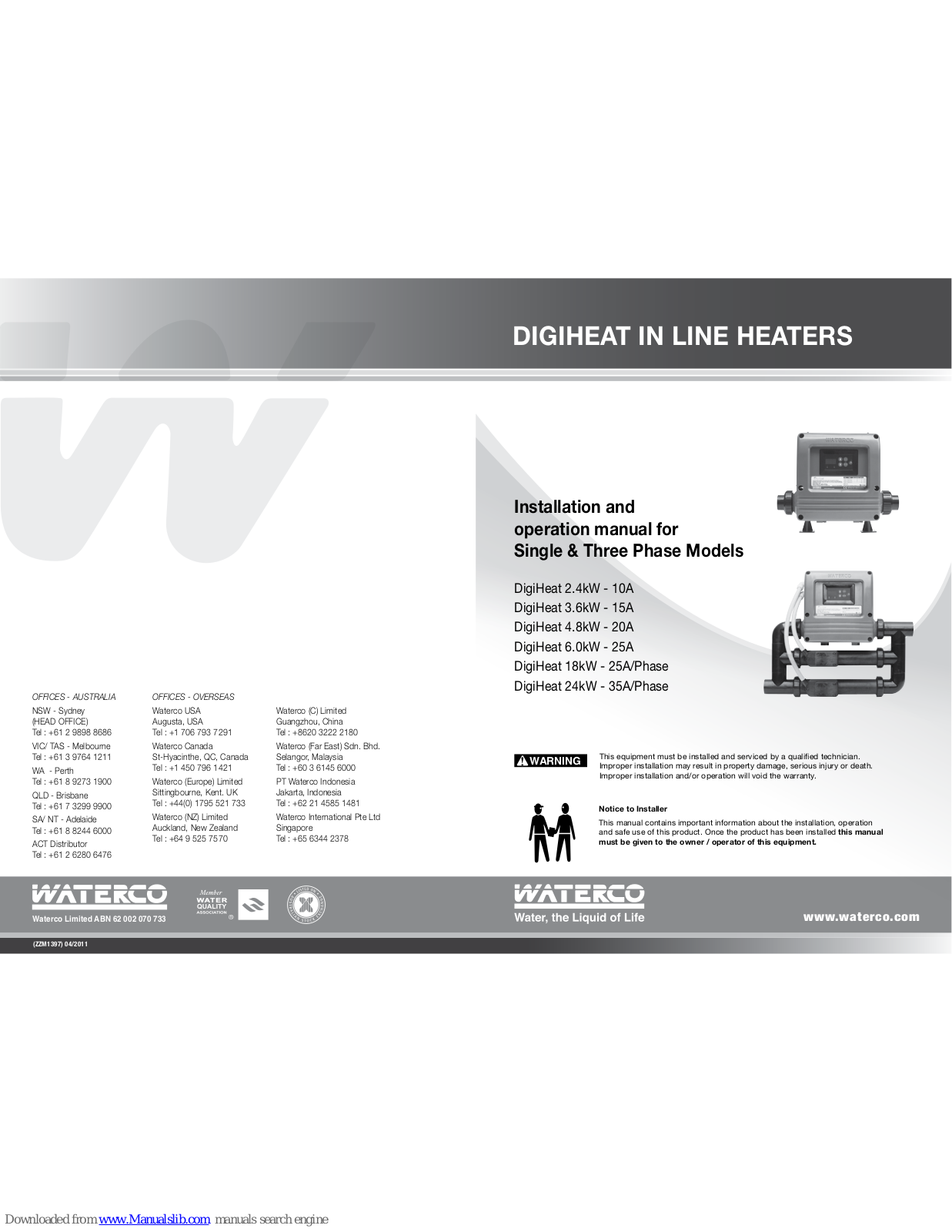 Waterco DigiHeat 2.4kW, DigiHeat 3.6kW, DigiHeat 4.8kW, DigiHeat 6.0kW, DigiHeat 18kW Installation And Operation Manual