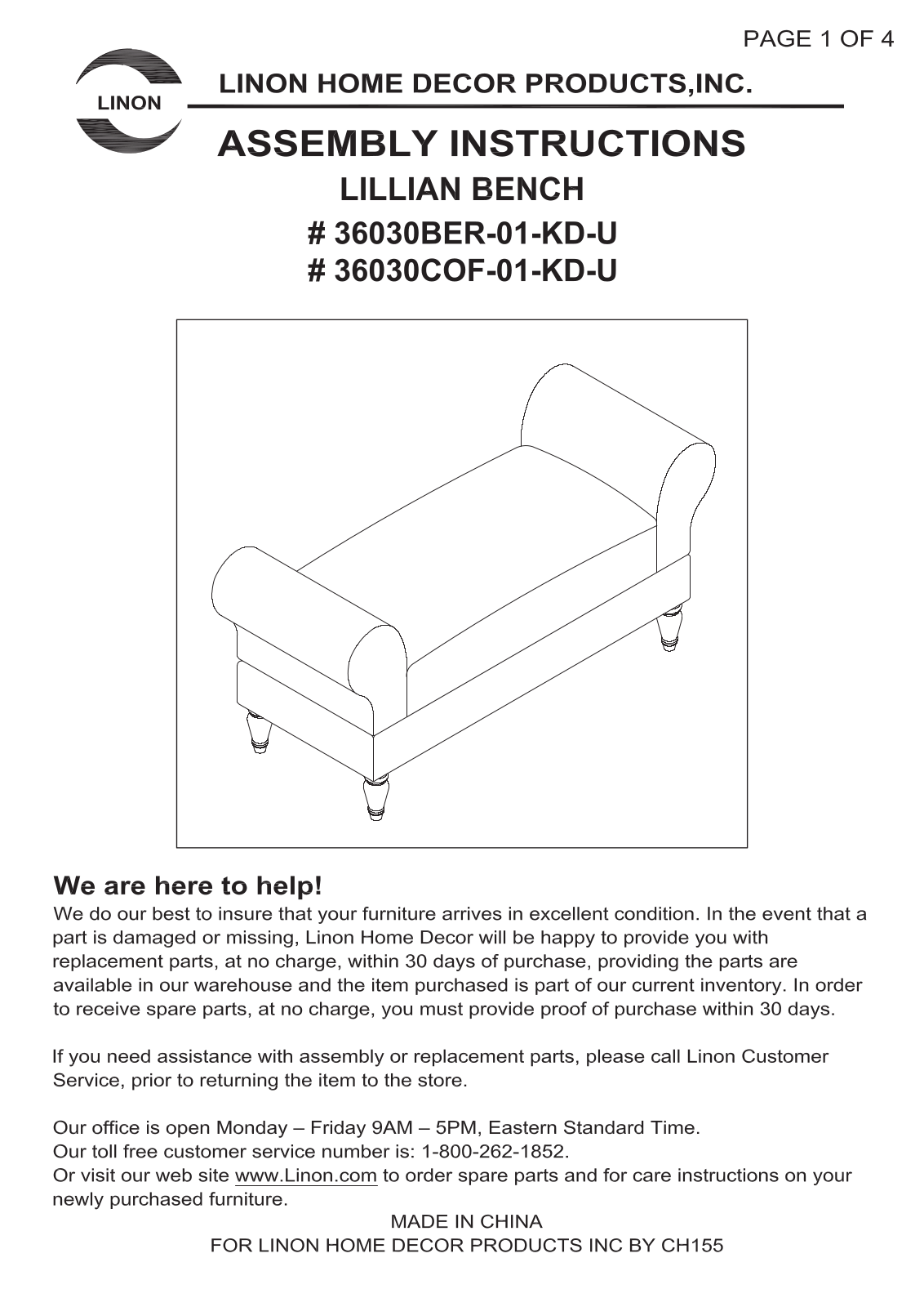 Linon 3603001KDU, 36030BER01KDU Assembly Guide - ManualMachine.com