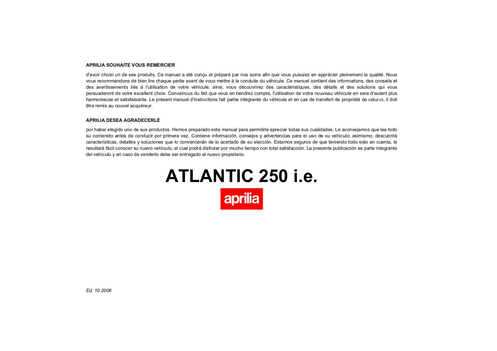 APRILIA Atlantic 250 i.e User Manual