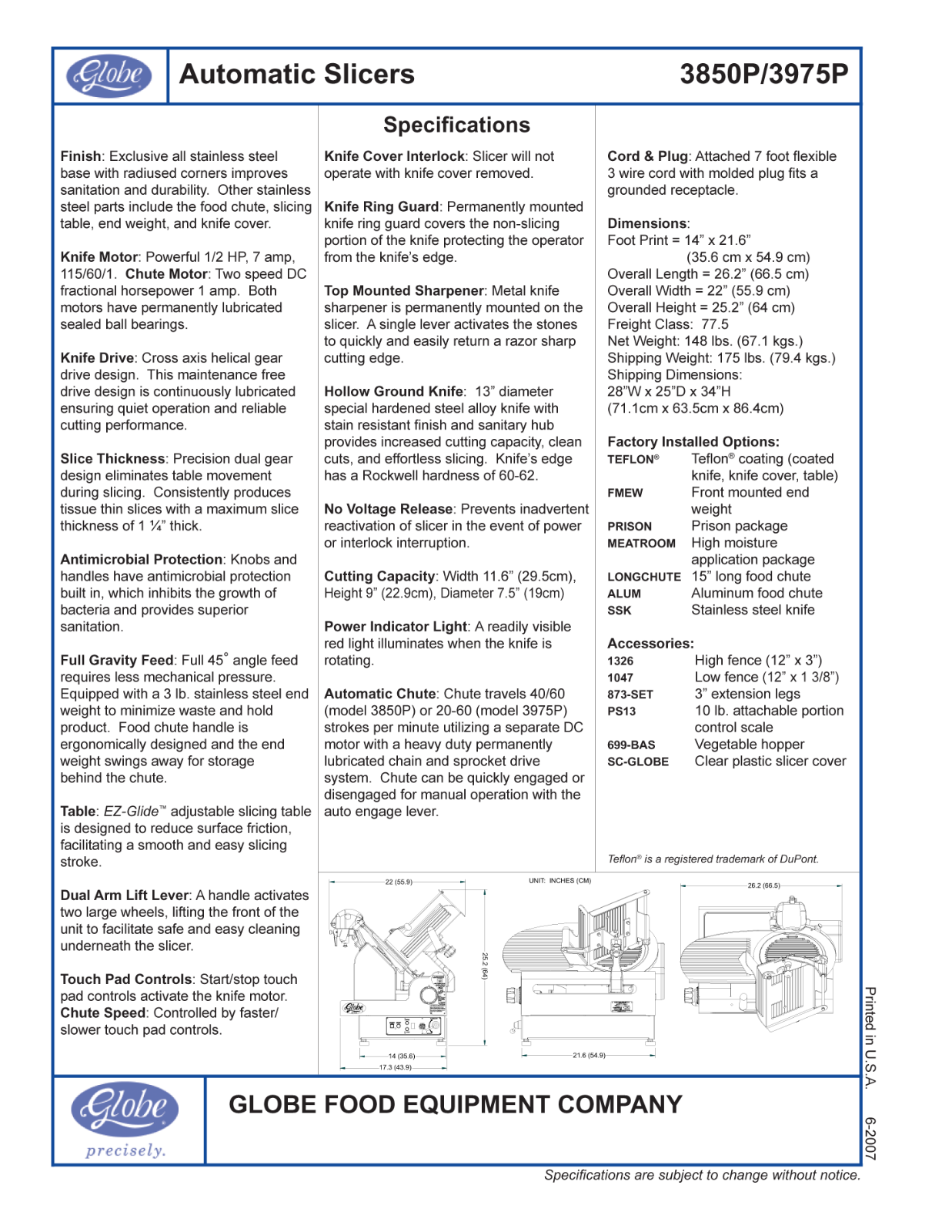 Globe Food Equipment 3850P, 3975P General Manual