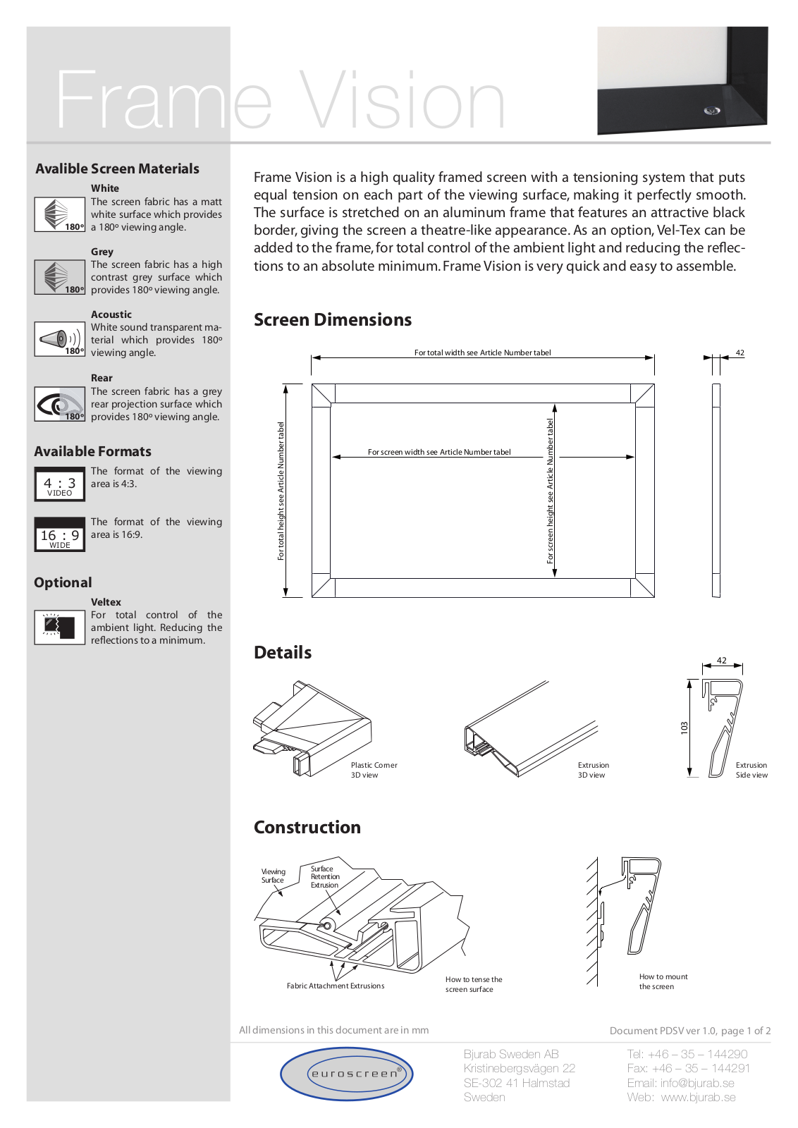 Euroscreen V250-V, V275-V, V250-W, V275-W, V300-V Datasheet