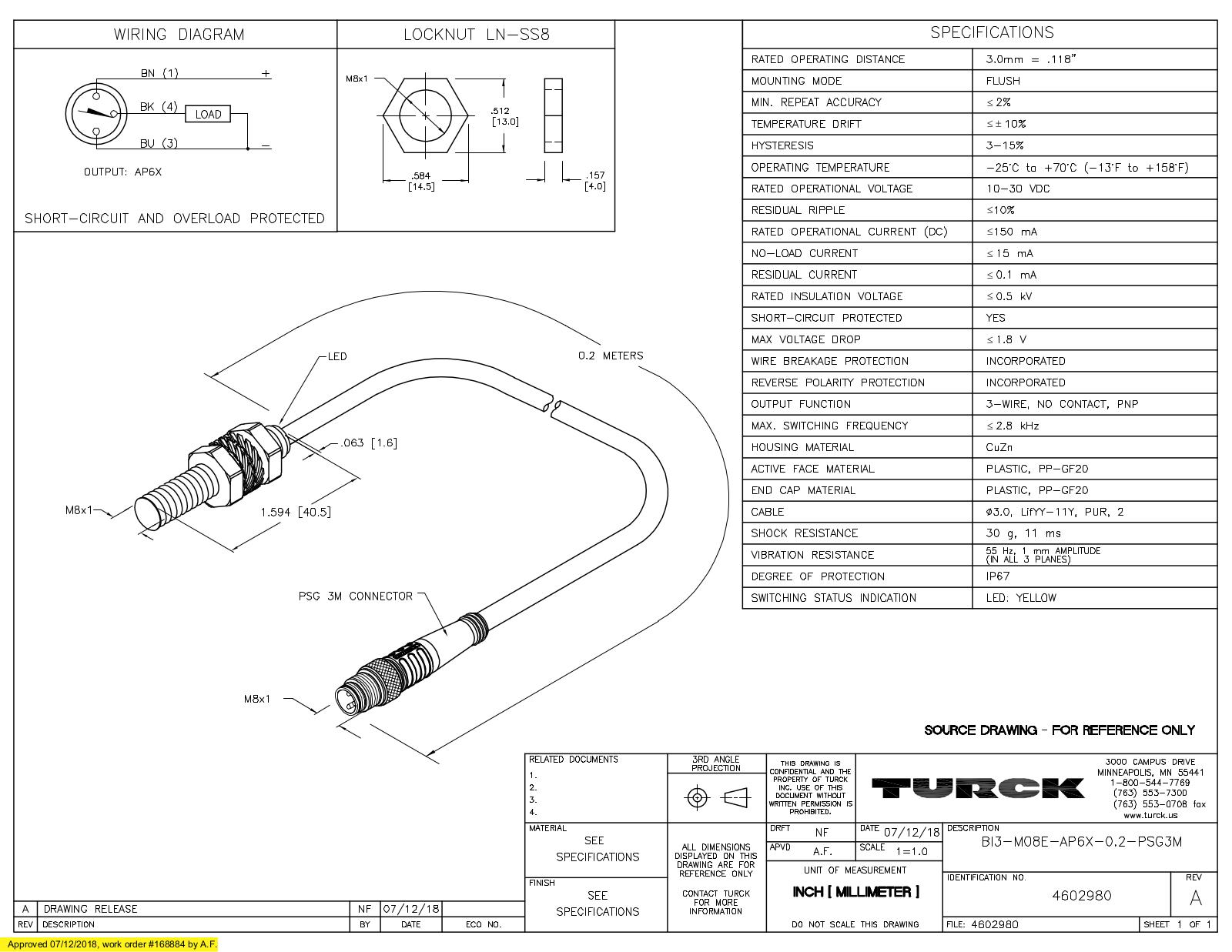 Turck BI3-M08E-AP6X-0.2-PSG3M Data Sheet