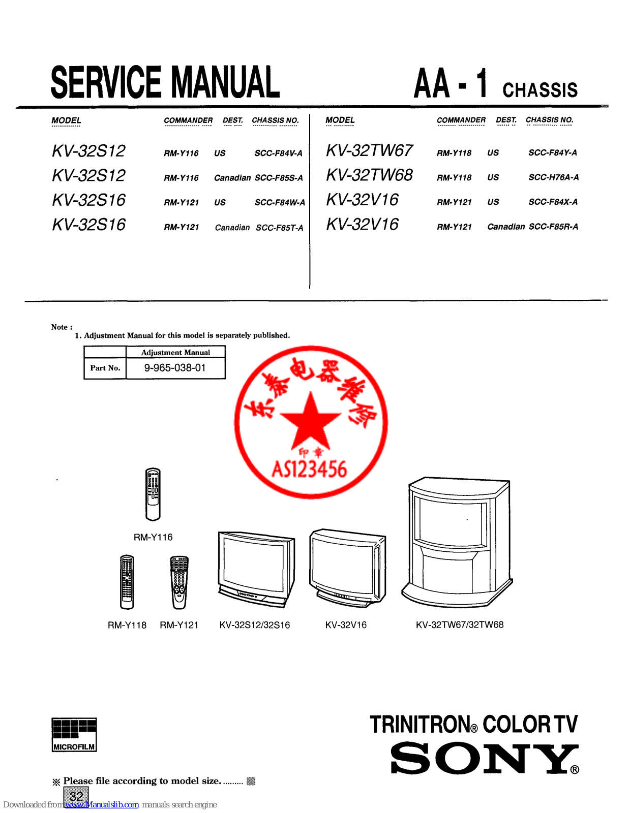 Sony Trinitron KV-32S16, Trinitron KV-32TW68, Trinitron KV-32TW67, Trinitron KV-32V16, KV- Service Manual