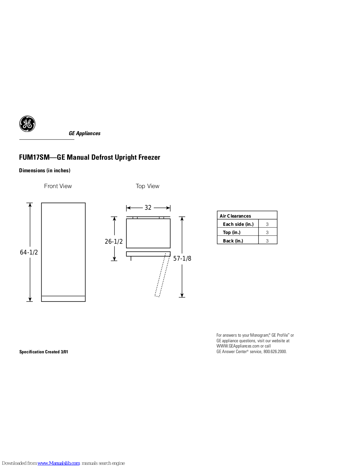 GE Profile FUM17SMRWH, FUM17SM Dimension Manual