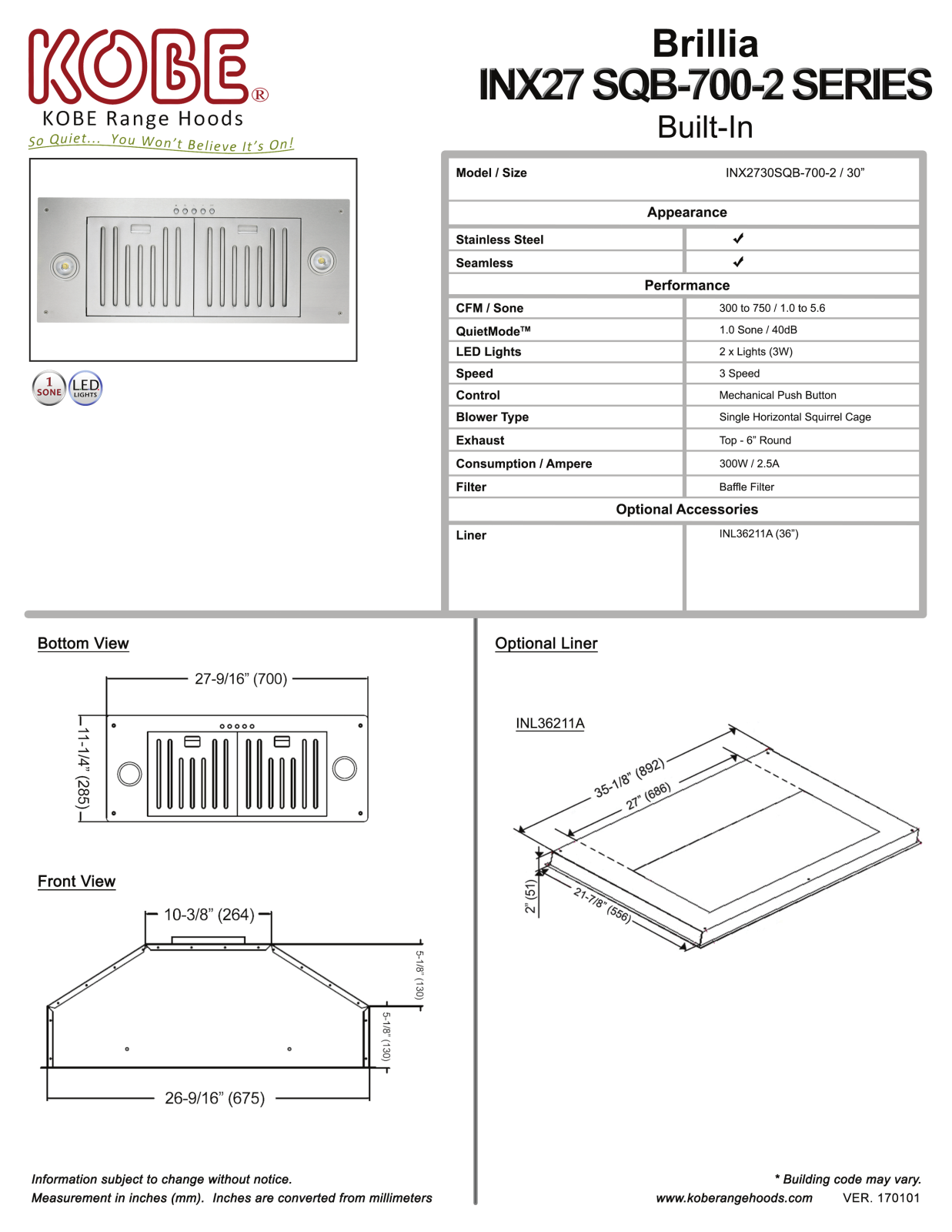 Kobe INX2730SQB7002 PRODUCT SPECIFICATIONS