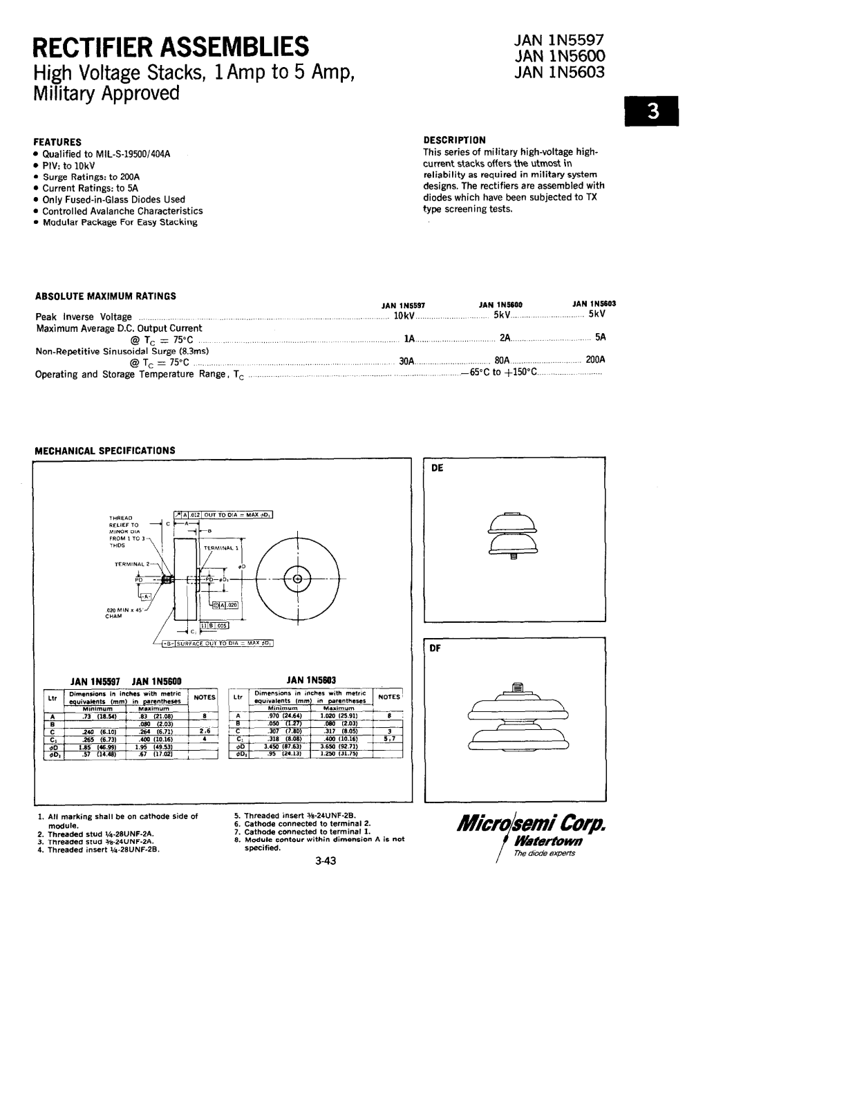 Microsemi Corporation 1N5603, 1N5600, 1N5597 Datasheet