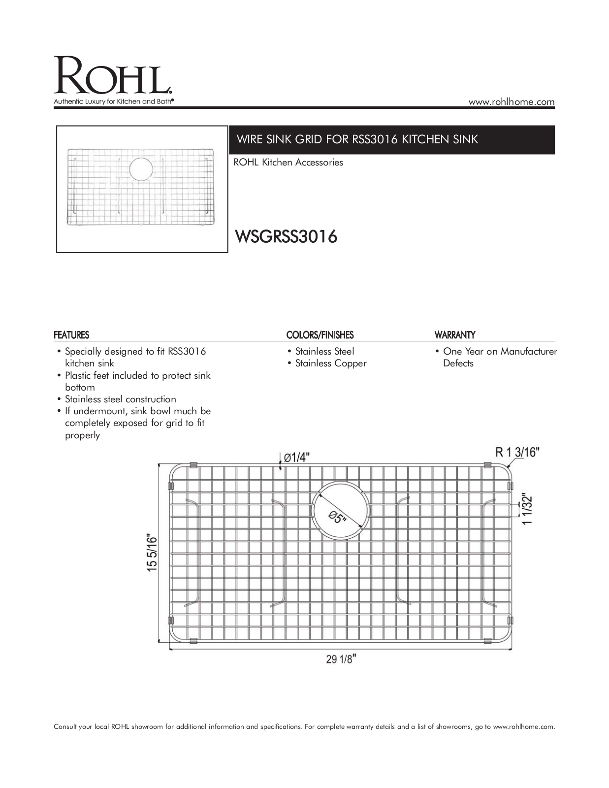 Rohl WSGRSS3016 Specification Sheet