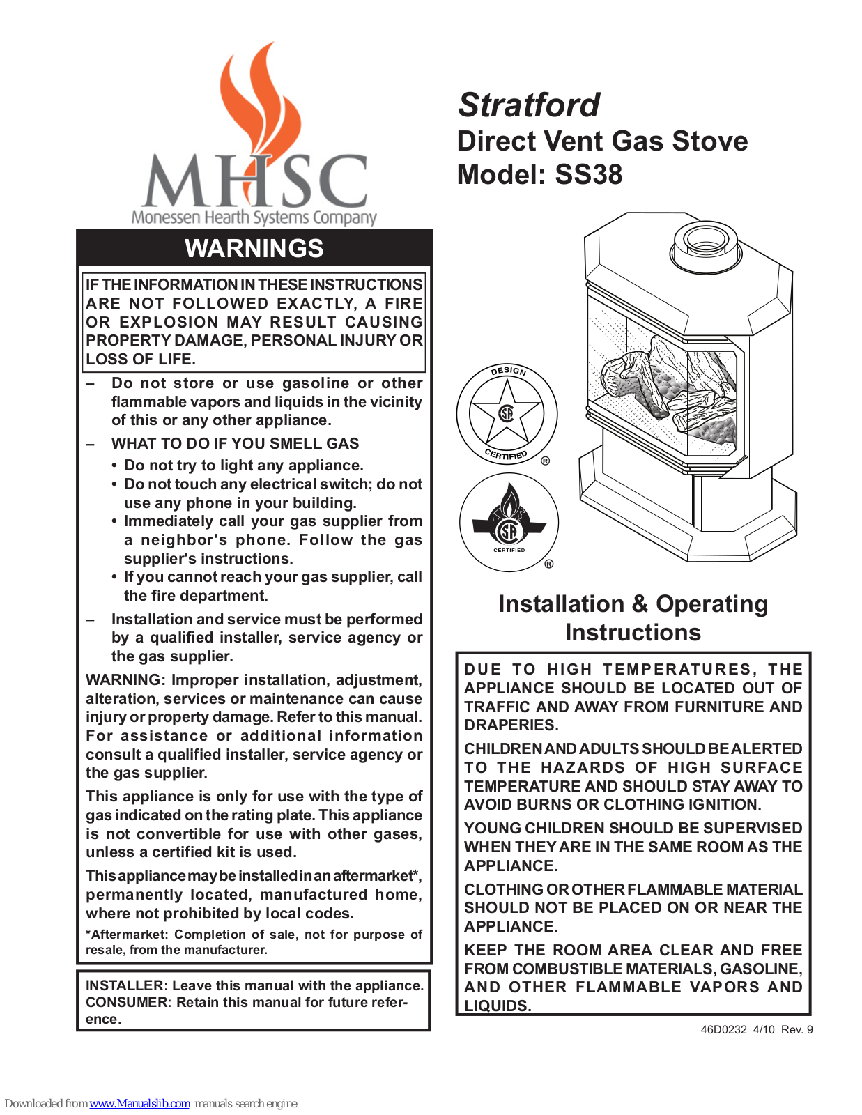 Monessen Hearth Stratford SS38NV, Stratford SS38PV Installation And Operating Instructions Manual