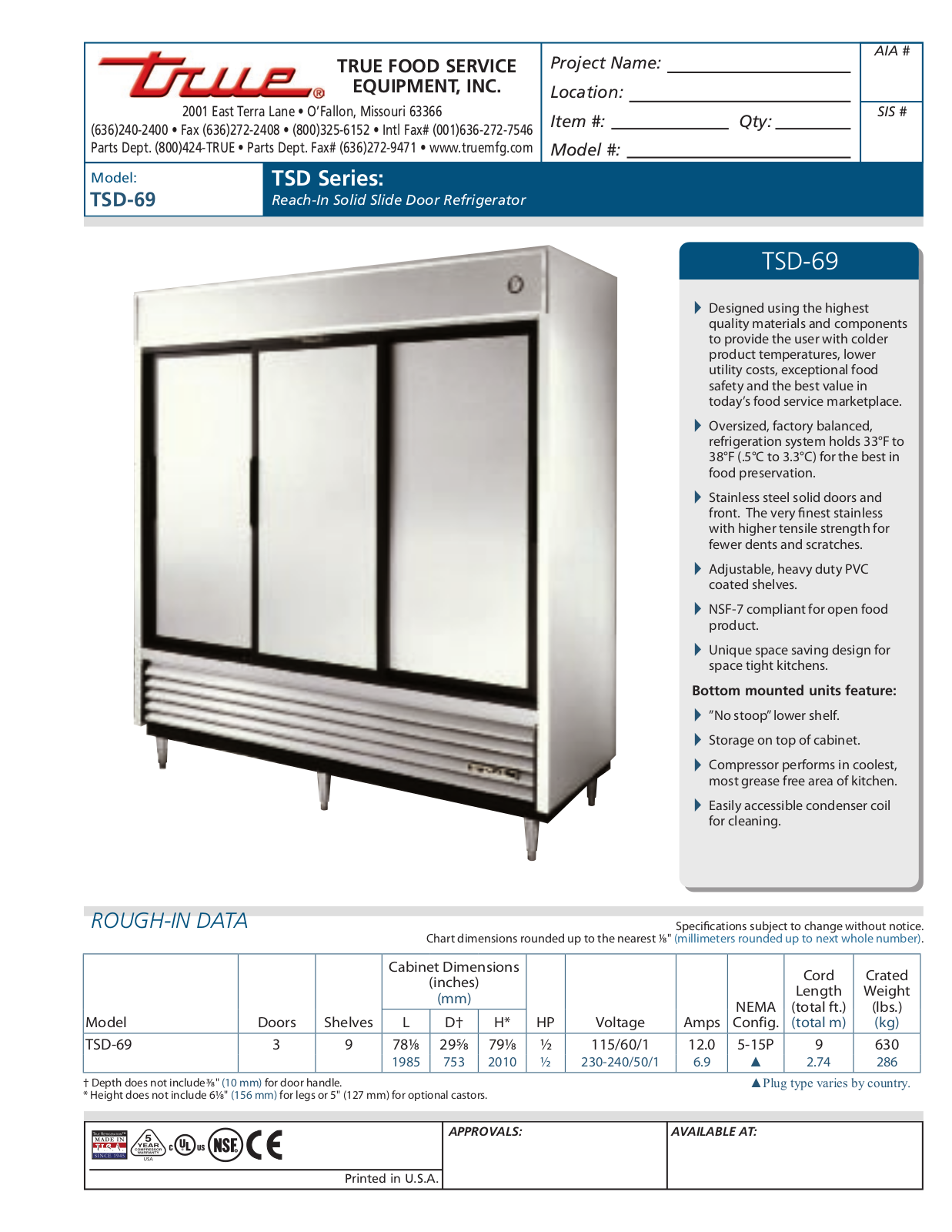 True TSD-69 Specifications