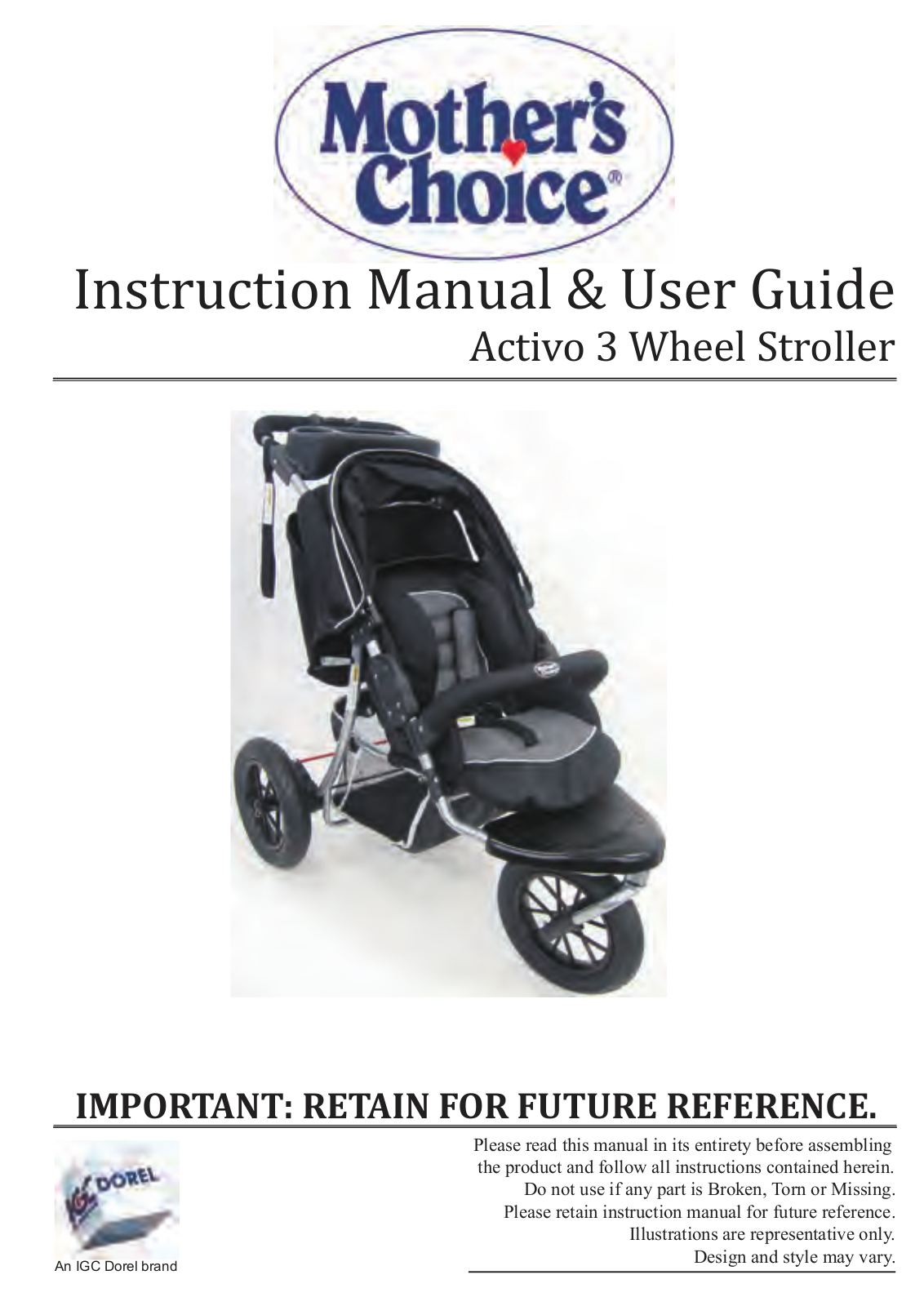 Mother's Choice Activo 3, Activo 3 Wheel Stroller Instruction Manual