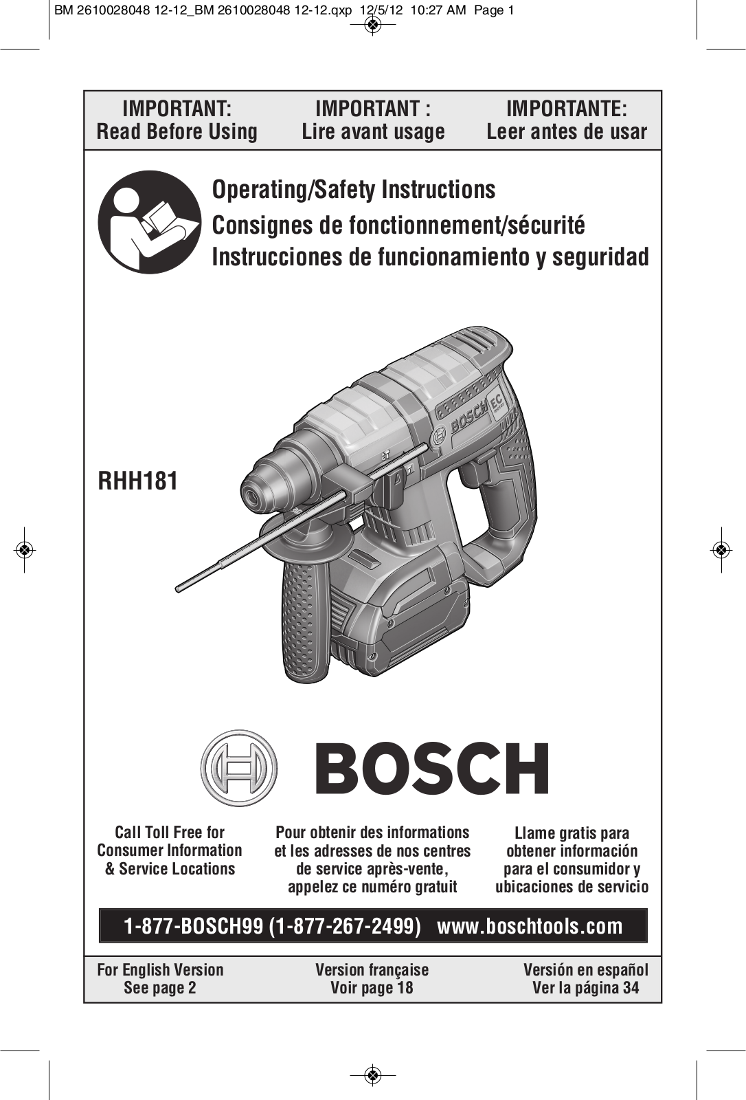 Bosch Power Tools RHH181BL, RHH181, RHH181-01 User Manual