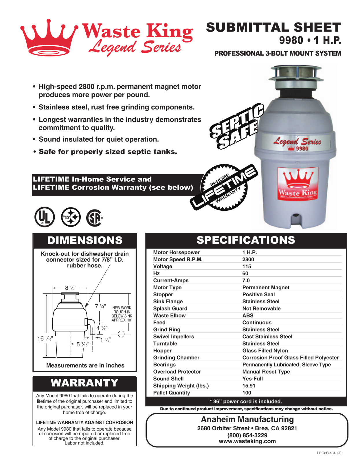 Waste King 9980 Specifications