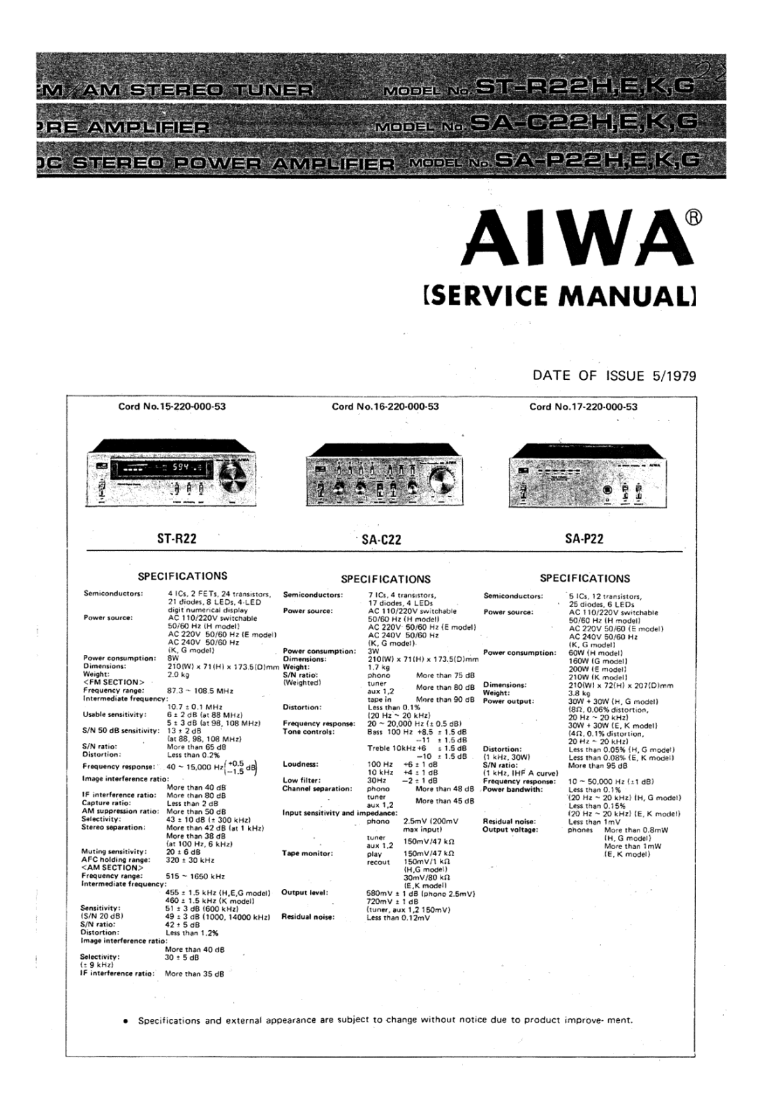 Aiwa STR-22, SAC-22, SAP-22 Service manual