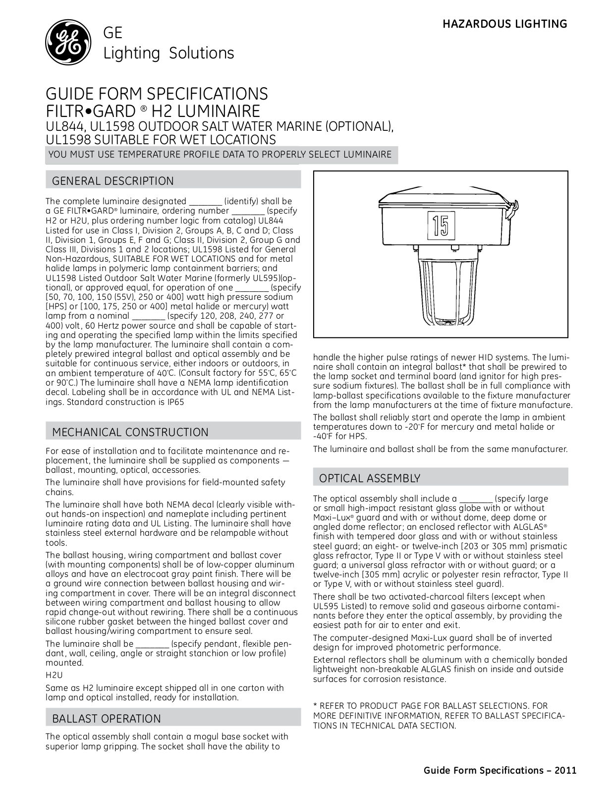 GE H2, H2U Specification Sheet