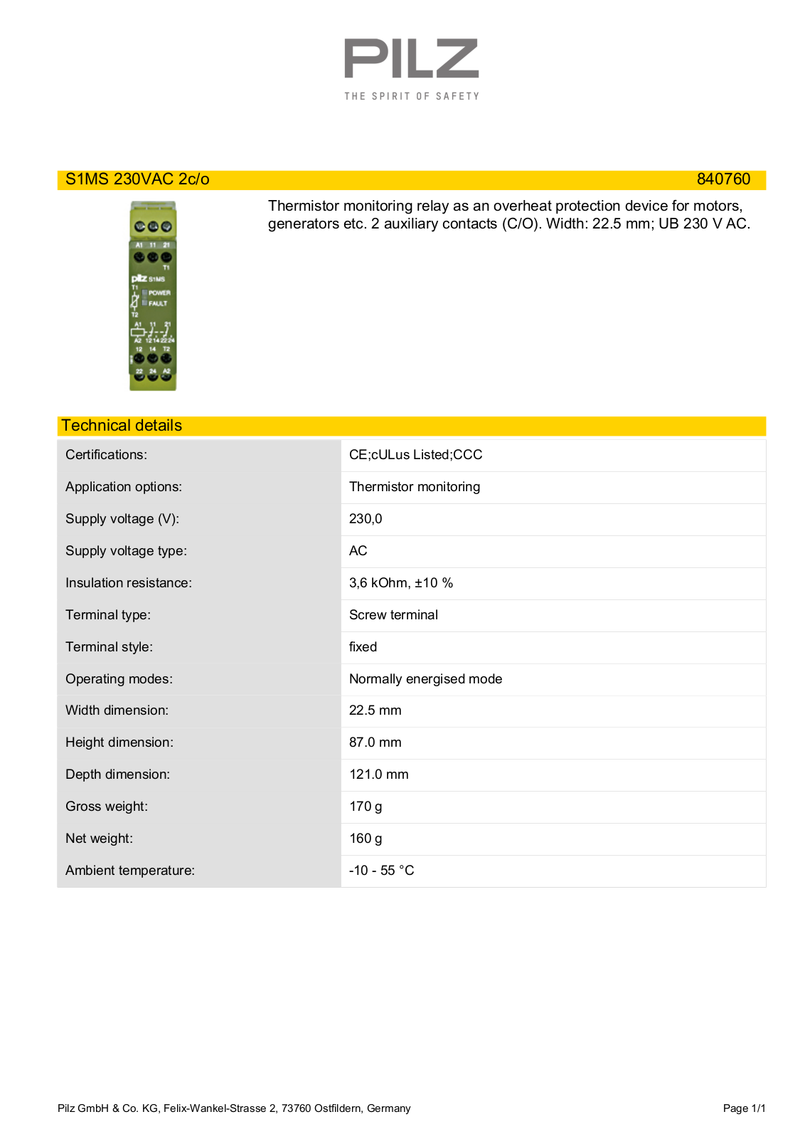 Pilz 840760 Data Sheet