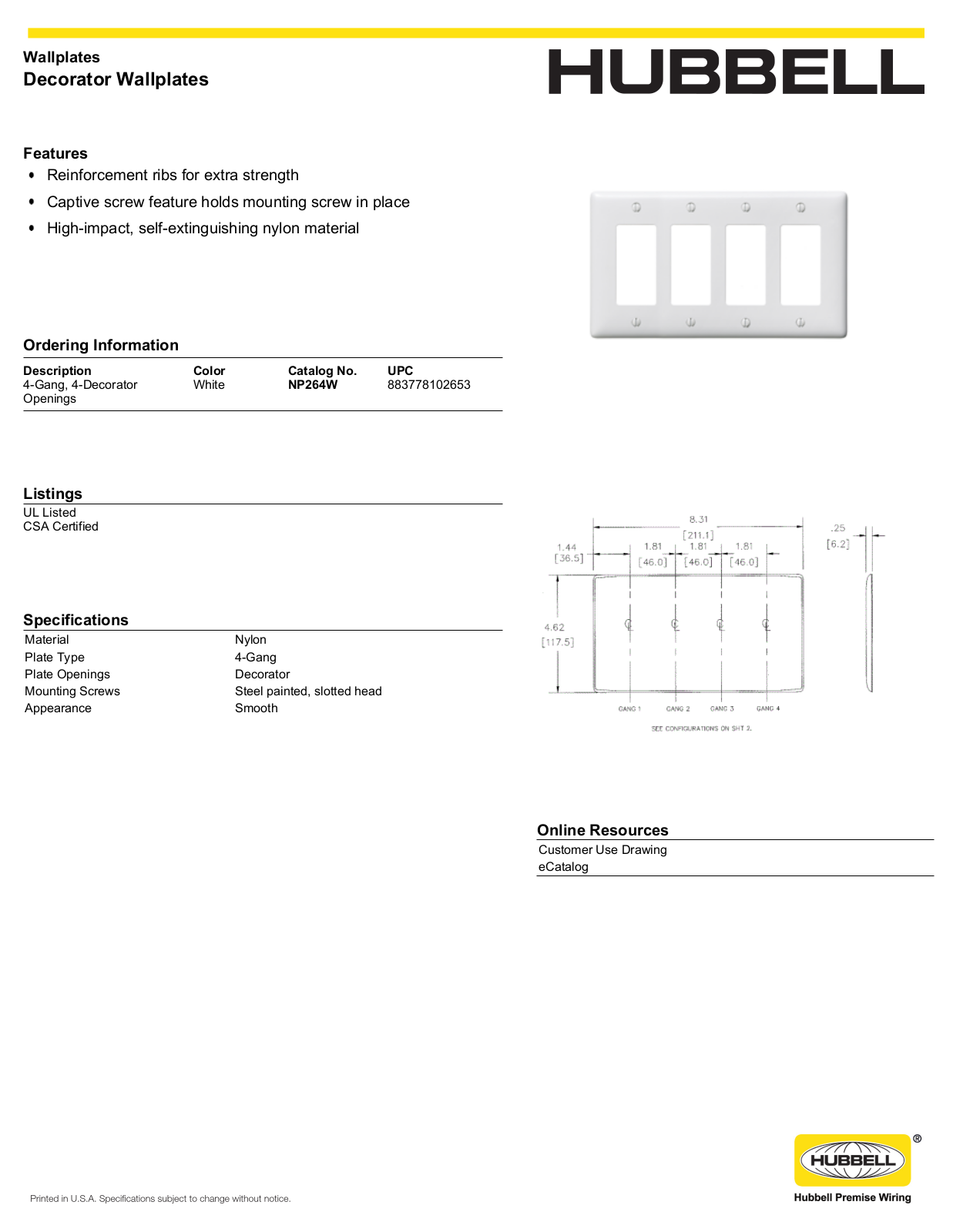 Hubbell NP264W Specifications