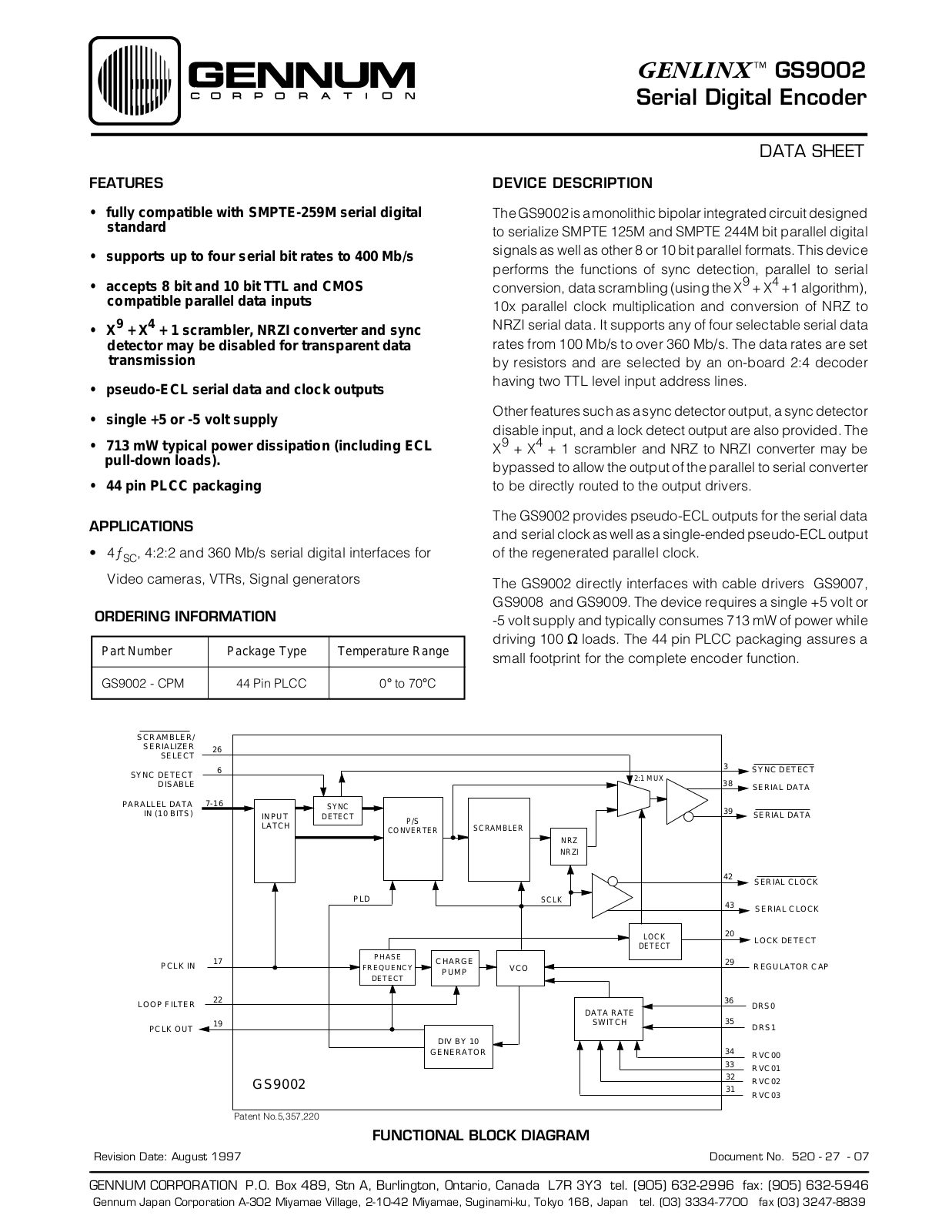 Gennum Corporation GS9002-CPM Datasheet