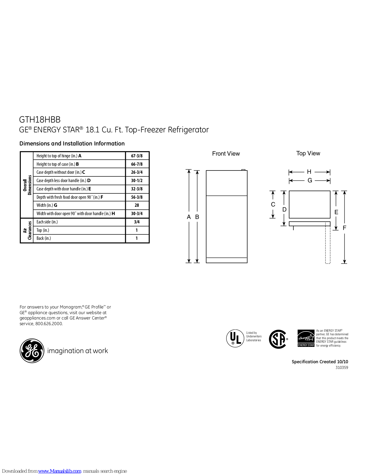 GE ENERGY STAR GTH18HBBCC, ENERGY STAR GTH18HBB, ENERGY STAR GTH18HBBWW, ENERGY STAR GTH18HBBBB Dimensions And Installation Information