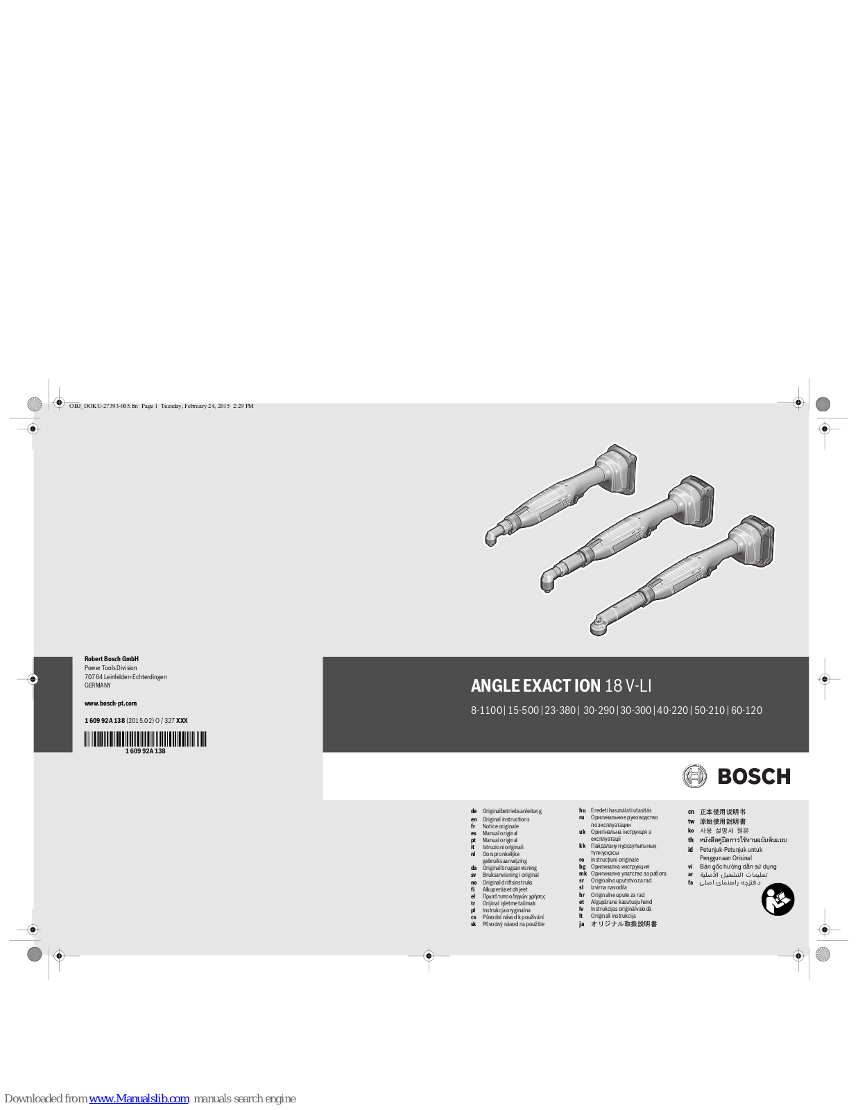 Bosch ANGLE EXACT ION 50-210, ANGLE EXACT ION 15-500, ANGLE EXACT ION 60-120, ANGLE EXACT ION 30-290, ANGLE EXACT ION 30-300 Original Instructions Manual