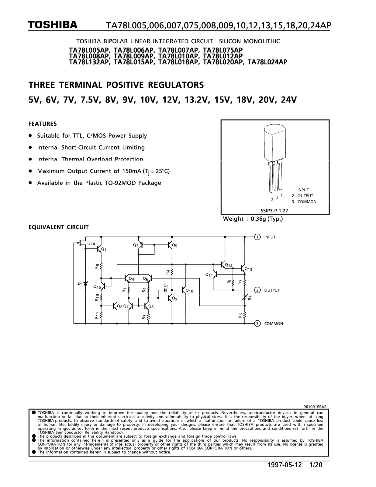 Toshiba TA78L020AP, TA78L015AP, TA78L018AP Datasheet