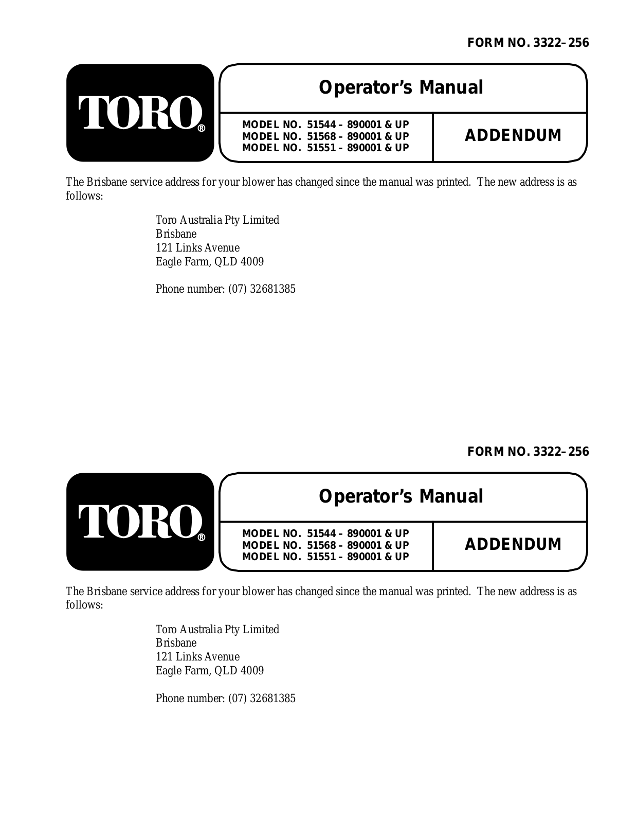 Toro 51544, 51551, 51568 Addendum