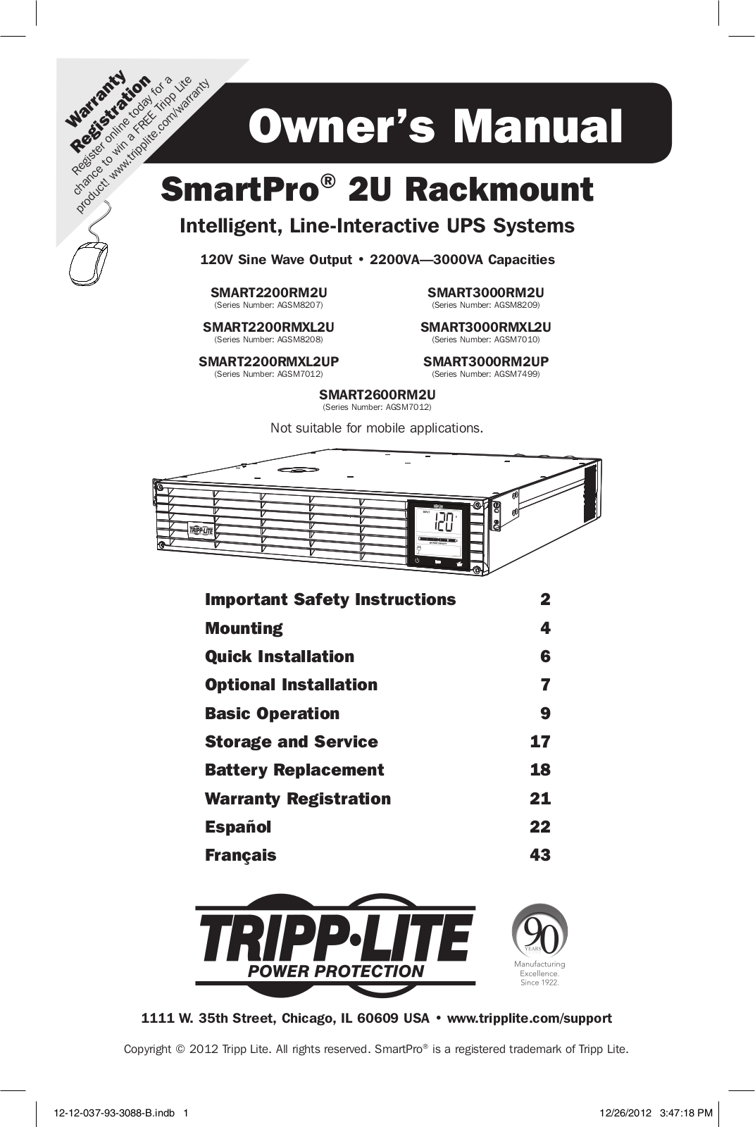 Tripp Lite SMART3000RM2UP, SMART2200RM2U, SMART2200RMXL2UP, SMART3000RMXL2U, SMART2200RMXL2U User Manual