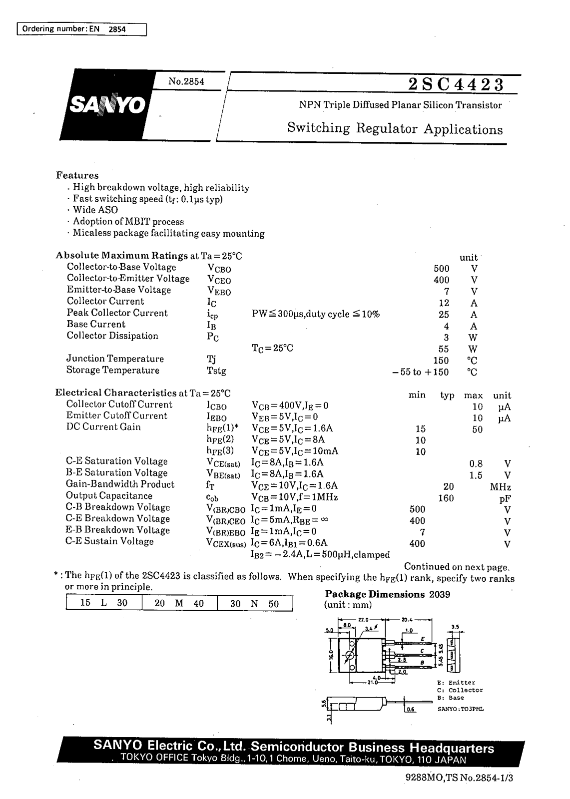 SANYO 2SC4423 Datasheet