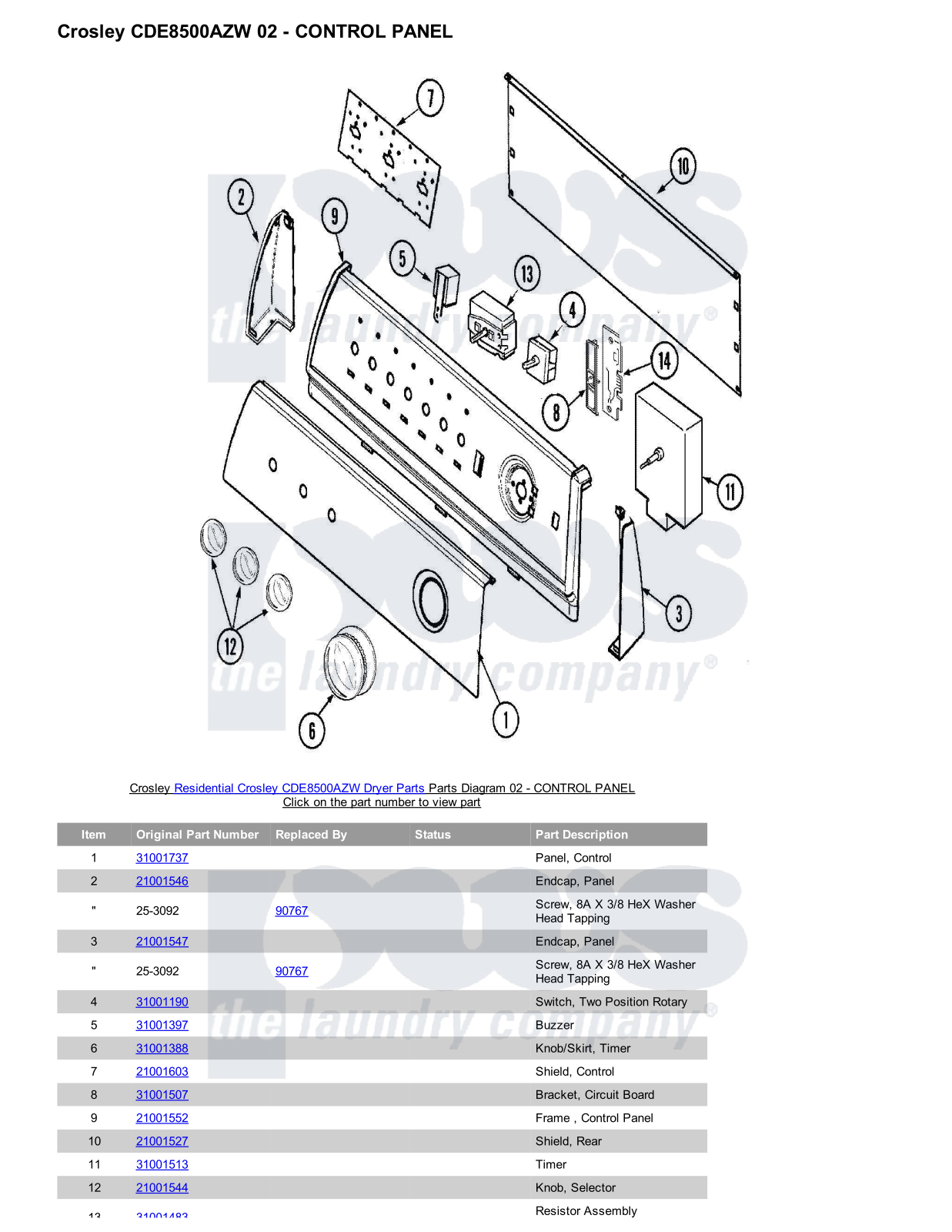 Crosley CDE8500AZW Parts Diagram