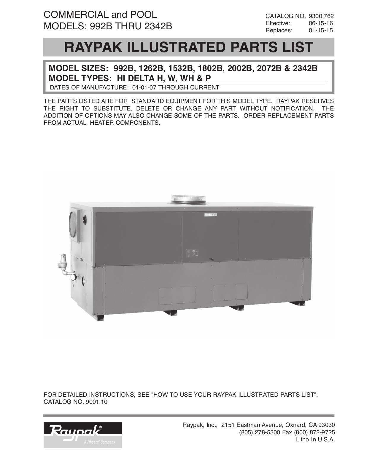 Raypak H3-126B Parts List