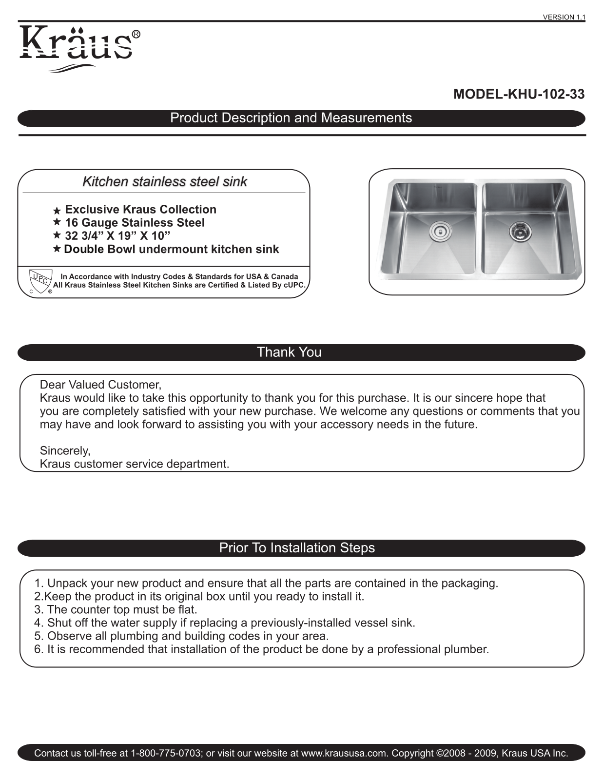 Kraus KHU10233KPF1612KSD30SS, KHU10233 Installation Manual