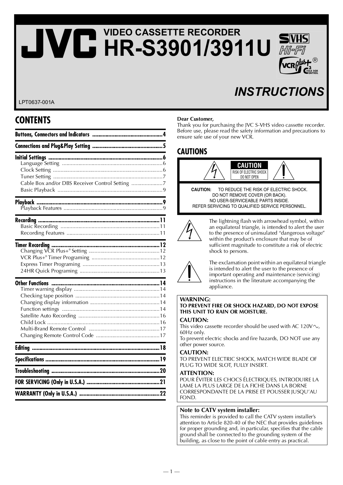 JVC HR-3911U User Manual