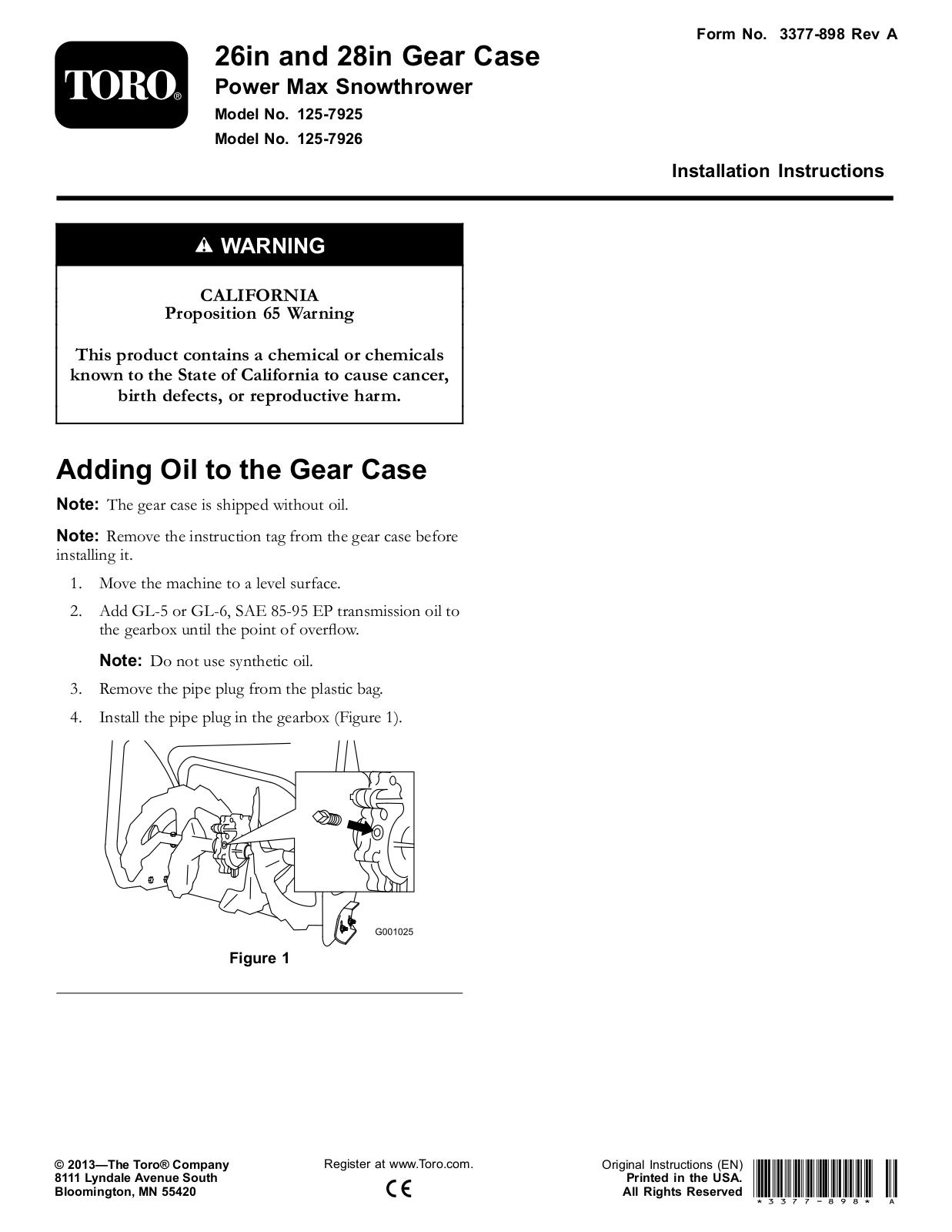 Toro 125-7925, 125-7926 Installation Instructions