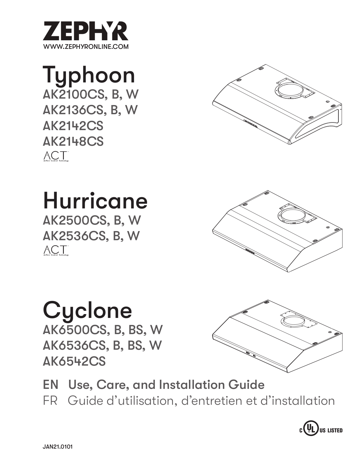 Zephyr AK2100CS, AK2100CB, AK2100CW, AK2136CS, AK2136CB Use, Care, and Installation Guidee