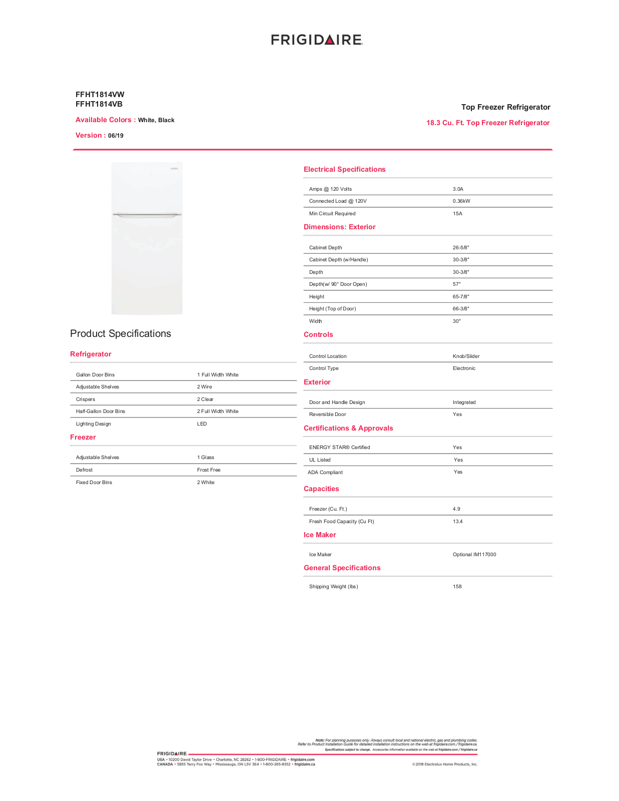 Frigidaire FFHT1814VB, FFHT1814VW Specifications