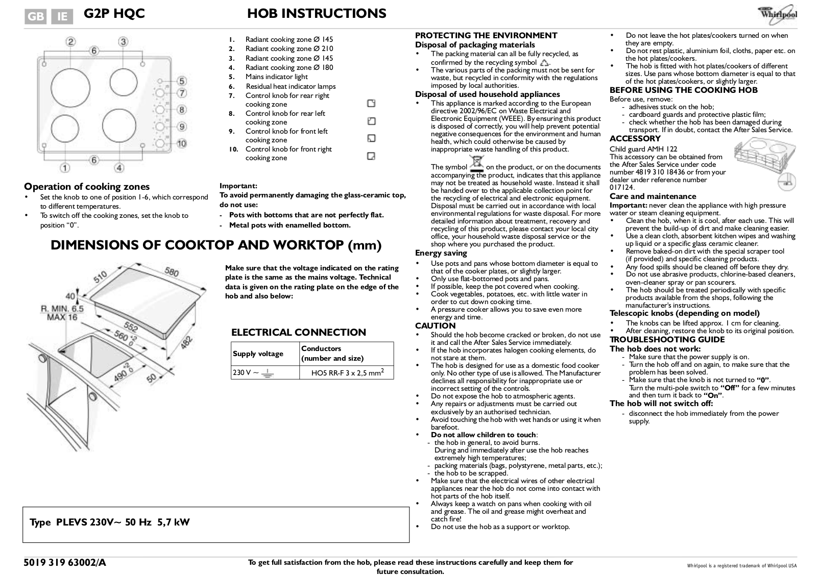 Whirlpool G2P HQCSR PROGRAM CHART