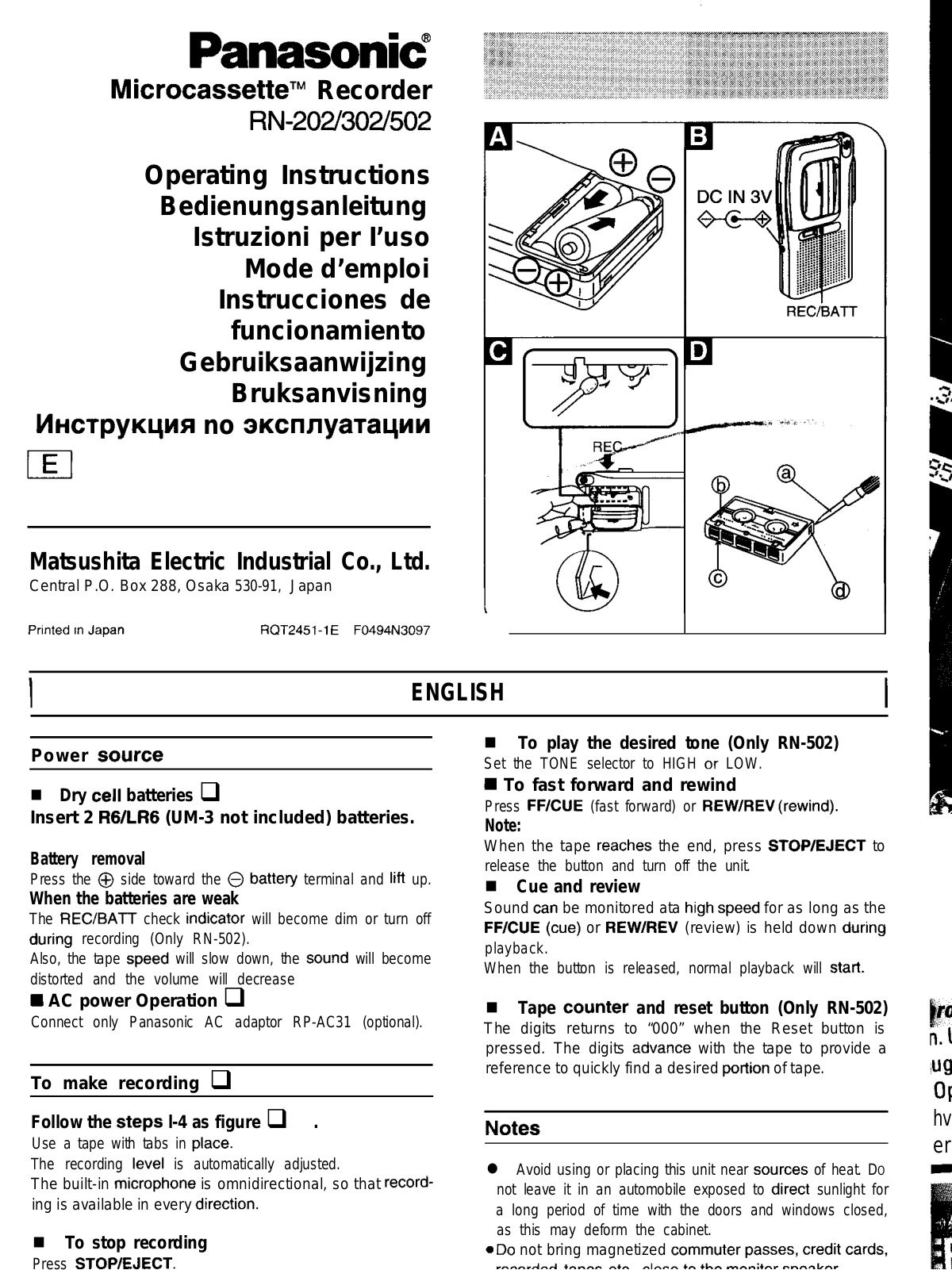 Panasonic RN202, RN-302, RN-502 Operating instructions